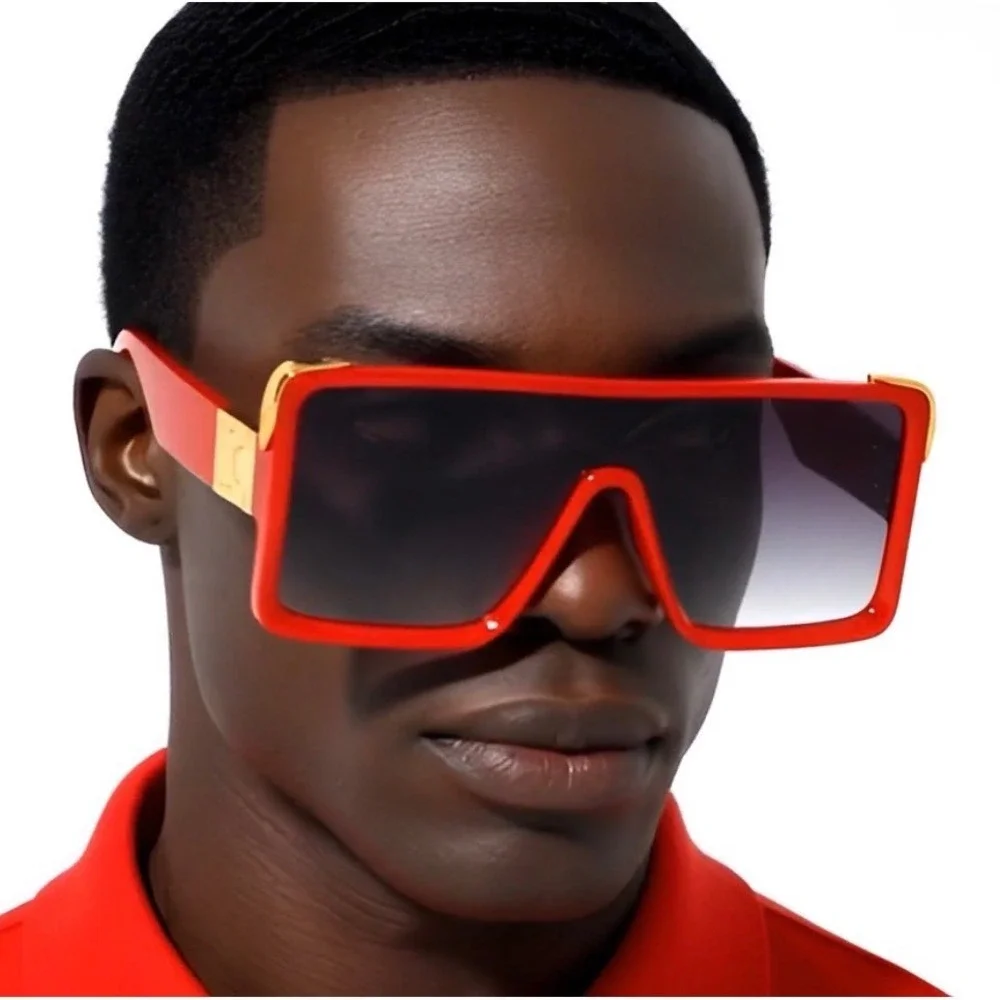 Mens Oversized Square Shield Sunglasses Red Gold Flat‎ Top Gradient Lens Luxury